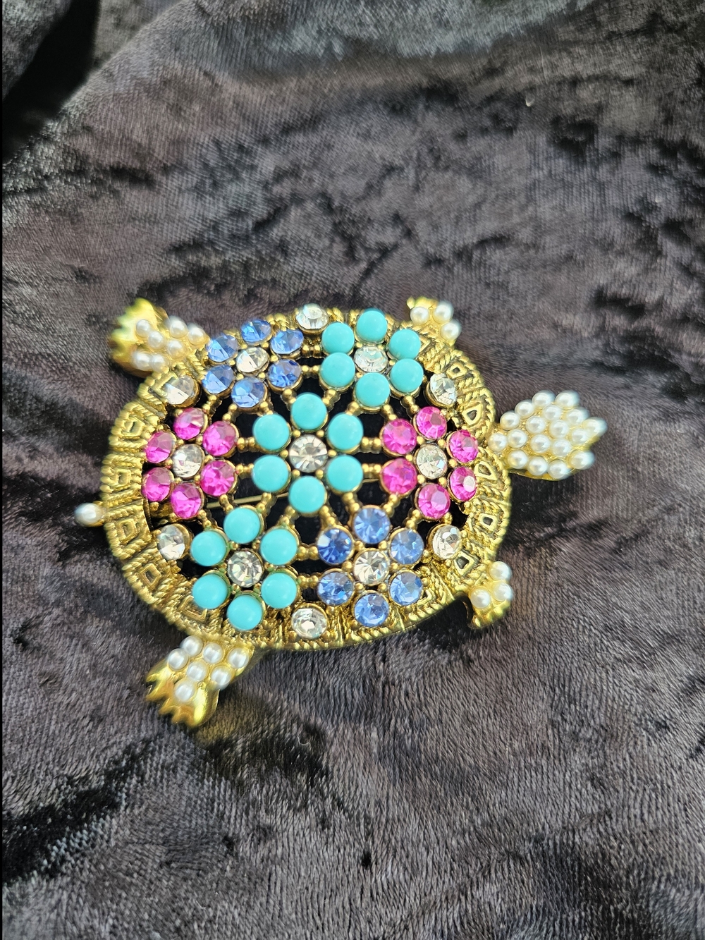 Gold-Tone Turtle Brooch with Turquoise, Pink & Blue Stones
